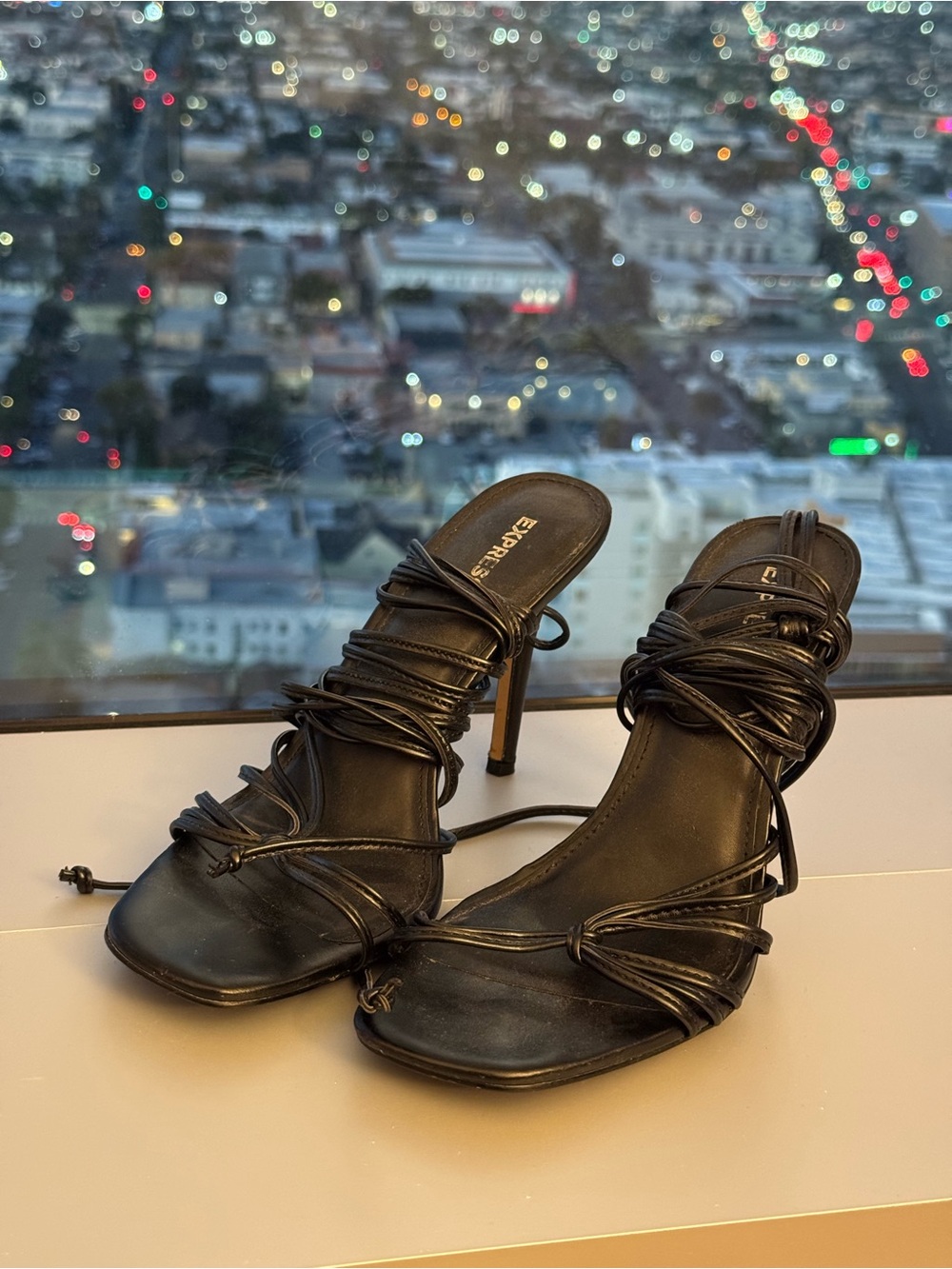 Express Black Strappy Lace Up Heels